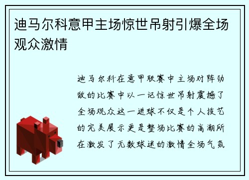 迪马尔科意甲主场惊世吊射引爆全场观众激情